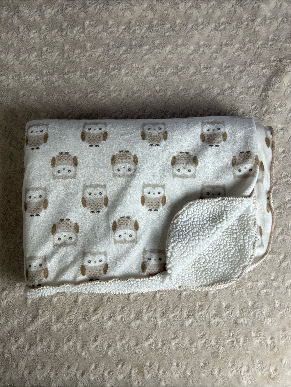 Babe Luxe Tan White Owls Baby Blanket Sherpa Security Lovey